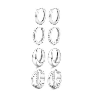 Imagem de Niaspi 4 pares de brincos de argola pequenos para mulheres, minimalistas, de aço inoxidável, moderno, círculo, strass, argola de 10 mm, cartilagem, piercing delicado, joia de orelha, 18g, Aço