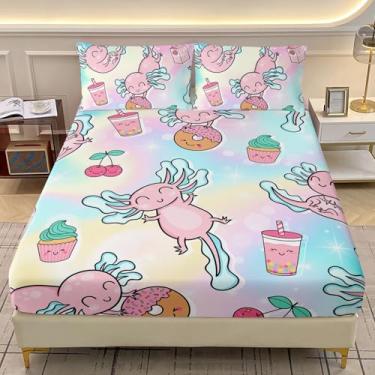 Imagem de AILONEN Jogo de lençol solteiro de desenho animado Axolotl, tamanho GG, rosa fofo, para decoração de quarto de crianças, adolescentes, meninas, lençol com elástico e 2 fronhas, 3 peças