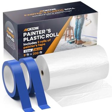 Imagem de Panos de plástico para queda, 200' de comprimento x 2,8 m de largura filme plástico do pintor com 2 rolos de fita de pintor - Folhas e lonas descartáveis para materiais de pintura, proteção de móveis