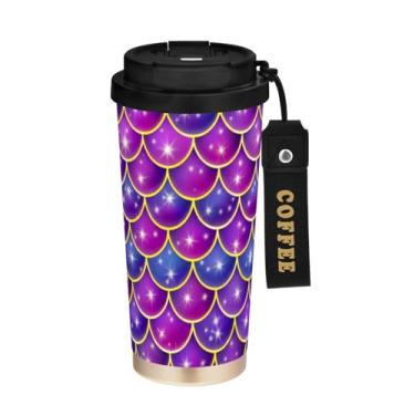 Imagem de STAYTOP Linda caneca de café de viagem colorida com isolamento de escamas de sereia 500 ml, copo de café reutilizável de aço inoxidável com tampa flip à prova de vazamento à prova de vazamento para