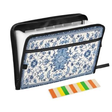 Imagem de Wassud Padrão azul e branco, 13 bolsos, organizador de arquivos sanfonados, pastas expansíveis com abas e adesivos, organizador de pastas de documentos de recibo de papel tamanho carta A4 para viagens