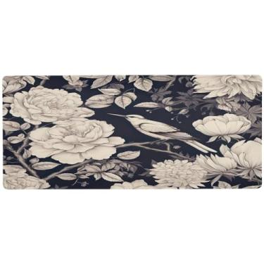 Imagem de Wassud Mouse pad de flores brancas e pássaros para jogos com base de borracha antiderrapante, mouse pad longo com borda costurada, almofada grande à prova d'água para escritório, casa, 89,9 cm x 39,9