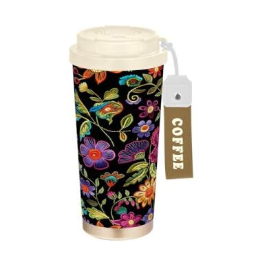 Imagem de YETTASBIN Caneca de café mexicana floral com isolamento térmico de 482 g com tampa canudo, copo à prova de derramamento e vazamento com alça para bebida quente e fria, garrafa de água de aço