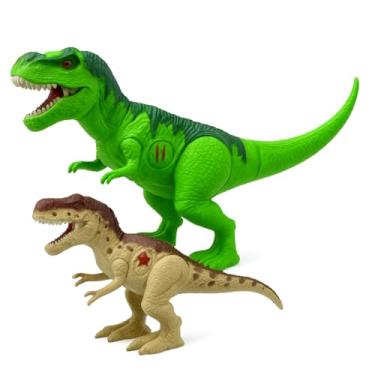 Imagem de Conjunto 2 Dinossauros de Brinquedo com Luz e Som – Rugido Selvagem, Olhos Luminosos, Articulados, Inclui Fósseis para Montar, Verde e Marrom
