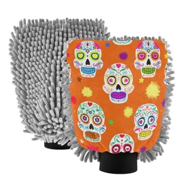 Imagem de STAYTOP Luvas coloridas de caveira de açúcar para lavagem de carro, 2 peças, luvas de microfibra de chenille, sem arranhões, panos de esponja de lavagem ultra absorventes para carros, limpeza