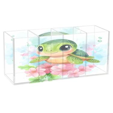 Imagem de Burbuja Porta-canetas de acrílico de tartaruga com desenho animado, 4 compartimentos, suporte de lápis transparente para pincéis de maquiagem, acessórios de mesa de escritório em casa