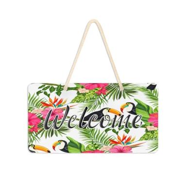 Imagem de Burbuja Placa de boas-vindas de hibisco de tucanos para porta da frente, placa de boas-vindas de PVC para pendurar na parede, decoração de férias, 15 x 28 cm