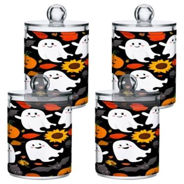 Imagem de STAYTOP 4 frascos de boticário Qtip para banheiro com etiquetas – Recipiente de armazenamento Qtip de plástico transparente para bola de algodão, cotonete, grão de café, fantasmas e abóboras de