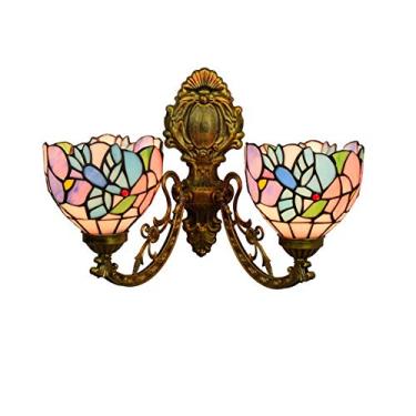 Imagem de Arandela de parede vintage estilo Tiffany com 2 braços, luminária de parede campestre com cúpula de vitral de 15 cm para quarto, sala de estar, corredor, varanda, soquete E27