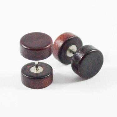 Imagem de Brinco Masculino Falso Alargador de Madeira e Aço Verniz 10 mm - PAR -