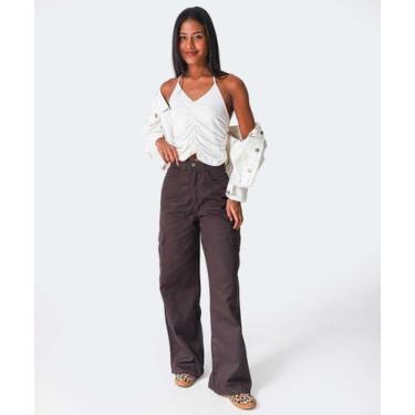 Imagem de Calça Sarja Wide Leg Bolsos Cargo Feminina-98041 - Mckinny, Marrom, 42