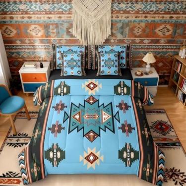 Imagem de Erosebridal Conjunto de edredom Queen Western Bed in a Bag, 7 peças, boêmio, geométrico, boêmio, asteca, decoração de quarto, tribo étnica, ciano