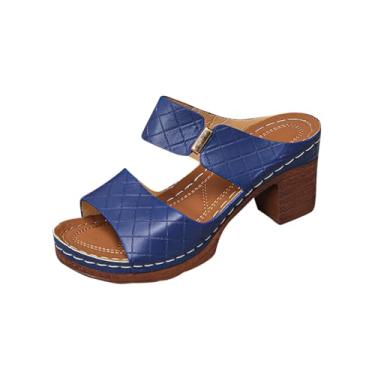 Imagem de Sandálias femininas de salto alto romano com bico redondo e salto grosso para uso casual no verão ao ar livre e em ambientes internos, Azul royal, 38