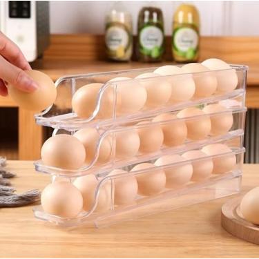 Imagem de Porta Ovos de Geladeira Transparente com Suporte Rolante, 3 Andares, Capacidade para 21 Ovos, 31x24x5.5cm