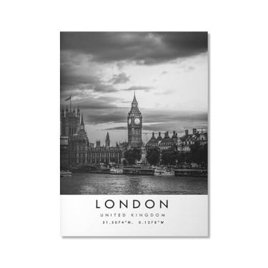 Imagem de Pôster de viagem preto e branco impressão paisagem da cidade do mundo pintura em tela arte de parede de Londres decoração de casa (20 x 30 polegadas (50 x 75 cm), sem moldura)