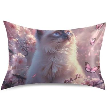Imagem de Capas de almofada de cetim de gato siamês flor de cerejeira design capa de travesseiro refrescante padrão king queen capa de almofada de cama, tamanho king, 101,6 cm x 50,8 cm