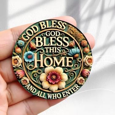 Imagem de Ímã de geladeira vintage God Bless This Home and All Who Enter - Adesivo redondo acrílico de geladeira de 5,8 cm, presente de decoração retrô, tamanho perfeito para geladeira, armário ou qualquer