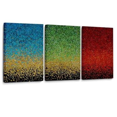 Imagem de Arte de parede de 3 painéis, impressões em tela abstratas pixeladas - Obra de arte geométrica tríptica, peça moderna para decoração estética de quarto - Pintura para sala de estar, parede do quarto