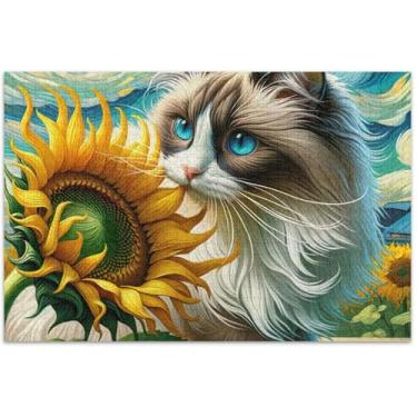Imagem de Ragdoll Quebra-cabeça gato girassol 1000 peças adultos família elefante branco presentes quebra-cabeças rígidos para adultos arte impressão animal, 75 x 40 centímetros