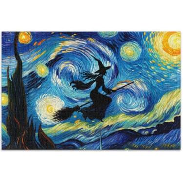 Imagem de Quebra-cabeça floral noite estrelada bruxa 1000 peças decoração de arte adultos pintura grande quebra-cabeça divertido bobo, 75 x 40 centímetros