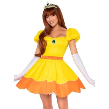 Imagem de Leg Avenue Fantasia feminina de princesa de girassol de 4 peças, inclui vestido com lantejoulas, broche, luvas e coroa, Amarelo/laranja, X-Small