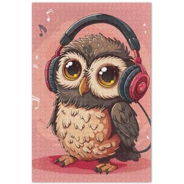 Imagem de Coruja fofa música rosa adultos quebra-cabeça 500 peças engraçado jogo de quebra-cabeça presentes cena inverno quebra-cabeça brinquedo obra de arte, 20,5 x 14,9 polegadas