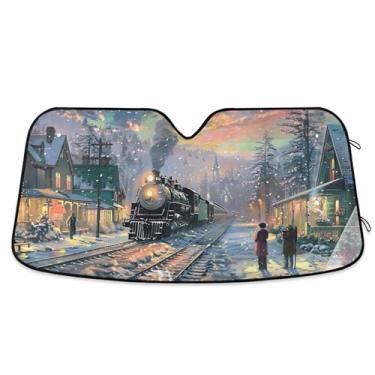 Imagem de Pintura personalizada de trem de aldeia sombra de sol de inverno para para-brisa de carro protetor solar universal dobrável engraçado para para-brisa dianteiro de carro impressões de animais P, 134,6