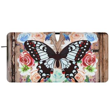 Imagem de Guarda-sol floral de madeira borboleta personalizada para para-brisa de carro dobrável caminhão para-brisa dianteiro automotivo, 81 cm x 157 cm