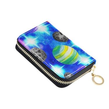Imagem de Carteira feminina de couro com protetor de cartão de crédito com bloqueio de RFID, pequena carteira de viagem com zíper, aquarela, planetas, roxo