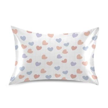 Imagem de Wassud Fronha de cetim xadrez de coração pastel, dia dos namorados, para cabelo e pele, fronhas de seda lisa, tamanho queen, respirável, com fecho de envelope