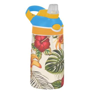 Imagem de Garrafa de água Tritan de 473 ml para crianças, reutilizável, garrafa de água de plástico de 473 ml, copo infantil portátil à prova de vazamento, alça de transporte, folhas tropicais flores de hibisco
