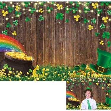 Imagem de BINQOO Feliz Dia de São Patrício Pano de Fundo de Moedas de Ouro Arco-íris Trevo da Sorte Trevo da Sorte em Tábua de Madeira Rústica Foto de Fundo de Chá de Bebê Recém-nascido Cabine Fotográfica
