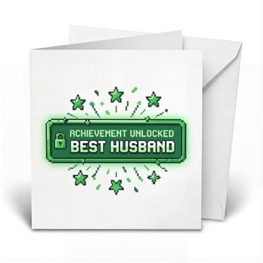 Imagem de Cartão engraçado do dia dos namorados| Cartão de aniversário para marido, presentes para ele homens. Gamer Video Game 8-Bit Pixel Joke "Achievement Unlocked Best Husband" Level Up Love Cards, 13.0 cm