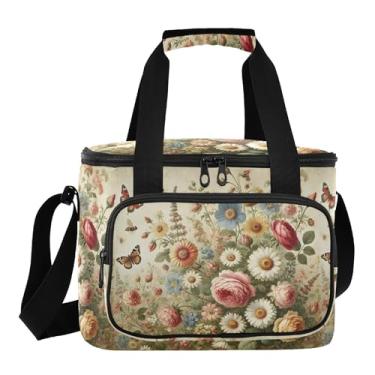 Imagem de Lancheira floral bege para mulheres, bolsa térmica de viagem, lancheira isolada