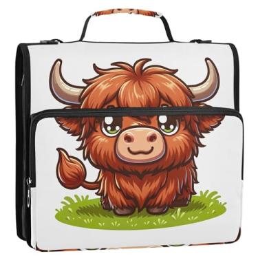 Imagem de Fichários fofos de desenho animado Highland Cattle de 3 cm com 3 anéis, fichário resistente com zíper, bolsa escolar grande, vários bolsos, pasta de portfólio grande