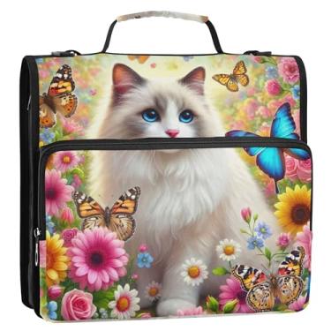 Imagem de Organizador de fichário com zíper para documentos, 3 anéis, anel D de 3,8 cm, pasta de armazenamento floral de gato Ragdoll com alça para fichário do ensino médio com alça