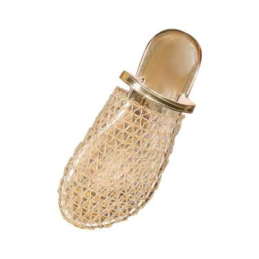 Imagem de Chinelos femininos modernos casuais primavera e verão praia versátil cor sólida malha oca cabeça de pão, Dourado, 36