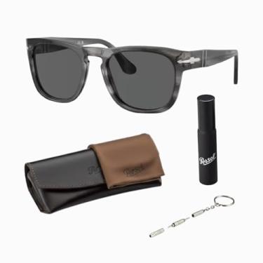 Imagem de Persol ELIO PO3333S Óculos de sol quadrados com kit oficial de óculos, Armação cinza listrada | Lente cinza escuro