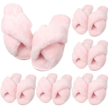 Imagem de VAIPI 6 pares de chinelos femininos com faixa cruzada felpuda de pelúcia para madrinha de honra, branco, preto, rosa, bico aberto, chinelos macios e quentes para noivas, rosa, 7-8