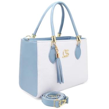 Imagem de Bolsa de Mão Feminina Elegante, Couro Sintético Branco e Azul Claro, Alça Transversal Removível, Detalhe em Tassel (Azul branco cor mista)