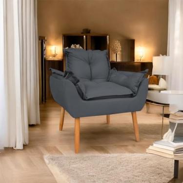 Imagem de Poltrona Decorativa em Suede com Pés de Madeira - Design Moderno para Sala e Quarto, Confortável e Elegante(Cinza Escuro)