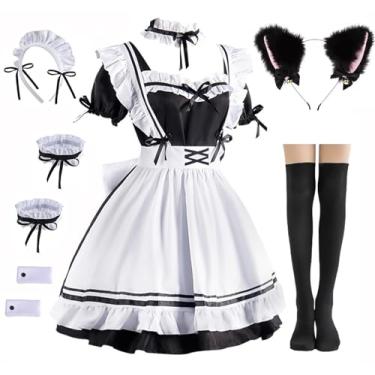 Imagem de KEWORUIT Conjunto de fantasia de empregada doméstica francesa cosplay anime avental fofo vestido Lolita conjunto de meias de orelha, Preto, 4X-Large
