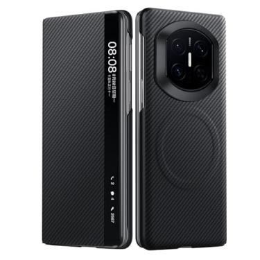 Imagem de FWYANZH Capa de couro para Huawei Mate X7, capa magnética inteligente janela lateral de fibra de carbono textura flip proteção tudo incluído, preto, Mate X7