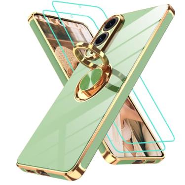 Imagem de Gritup Capa para Galaxy S25 Edge | 2 peças de protetor de tela | Suporte magnético de rotação de 360°, revestimento dourado, capa protetora à prova de choque de TPU macio para Samsung S25 Edge, verde