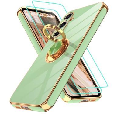 Imagem de Gritup Capa para Galaxy S23 FE | 2 peças protetoras de tela | Suporte magnético de rotação de 360°, borda dourada revestida de TPU macio à prova de choque para Samsung S23 FE, verde ervilha