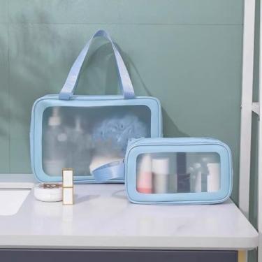 Imagem de Kit 3 Necessaires Transparentes para Viagem – Organize Cosméticos e Produtos de Higiene Pessoal com Praticidade(Azul【Kit 3】)