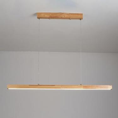 Imagem de Luminária pendente linear de madeira, luminária suspensa com tiras de madeira rústica e cúpula de acrílico branco, lustre moderno de LED com 3 modos de cor, luminárias de suspensão para sala