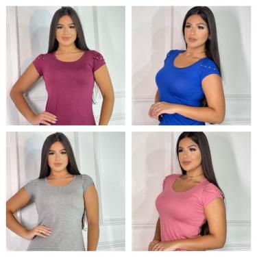 Imagem de kit 4 Blusas feminina básica t-shirt detalhe na manga - GK Toda Bela, 