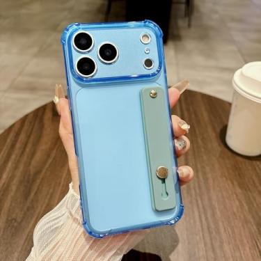 Imagem de Capa de silicone transparente de luxo com fluorescência brilhante para iPhone 17 Air 16 15 14 13 Mini 12 Pro Max Plus com alça de pulso e suporte (para iPhone 16 Pro Max/Azul)