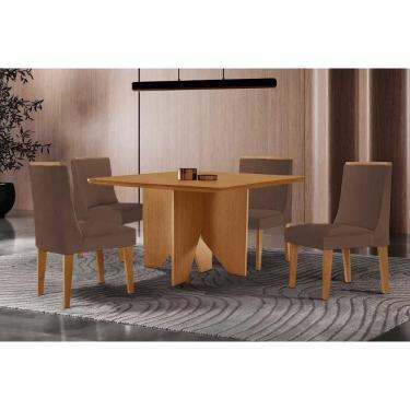 Imagem de Sala Jantar Mesa Nevada Tampo Curvo 90cm+4 Cadeiras Dakota Madeira Naturale - Capuccino/Suede Marrom - Rufato